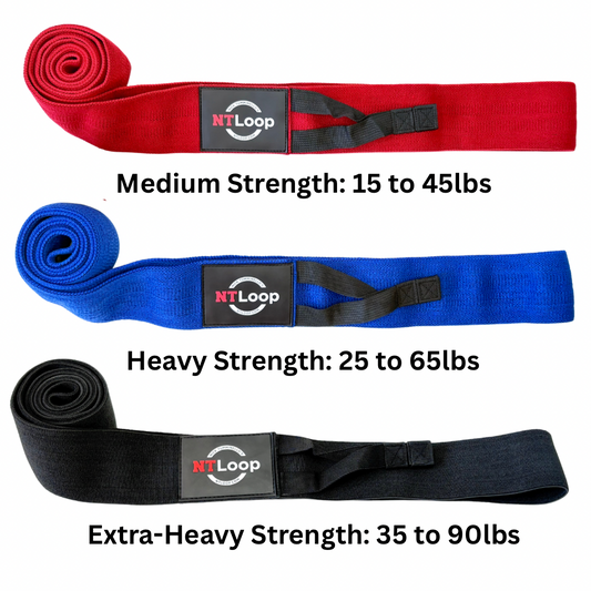 Triple Pack: 3 Resistance Band Loops with Door Anchor: 1x Medium strength, 1x Heavy strength and 1x Extra-Heavy strength